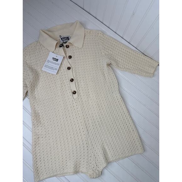 NWT Sophie + Lucie Open Knitted Jumpsuit Romper Cream Cotton Fitted Polo Size L - Picture 1 of 6